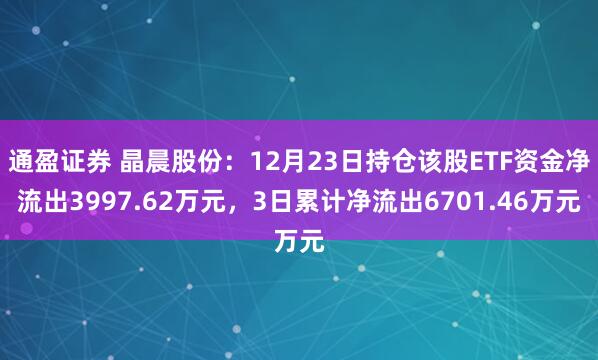 通盈证券 晶晨股份：12月23日持仓该股ETF资金净流出3997.62万元，3日累计净流出6701.46万元